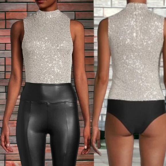 NWT 7 For All Mankind Sequin Sleeveless Bodysuit High Neck Silver Over Beige XS - Picture 1 of 7